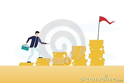 Business man is climbing stairs from stacks of coins toward his financial goal. Personal investment and pension savings concept. Cartoon Illustration
