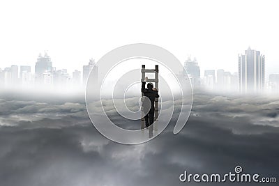 Business man climbing on wooden ladder with city landscape cloud Stock Photo