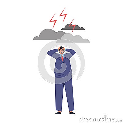 Business man clutching head terrified of problems under clouds and lightning, risk strategy vector flat illustration Vector Illustration