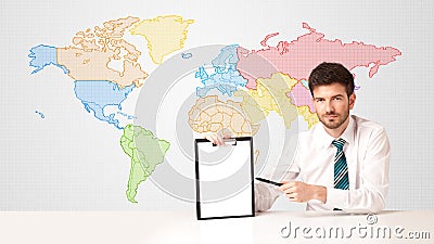 Business man with colorful world map background Stock Photo