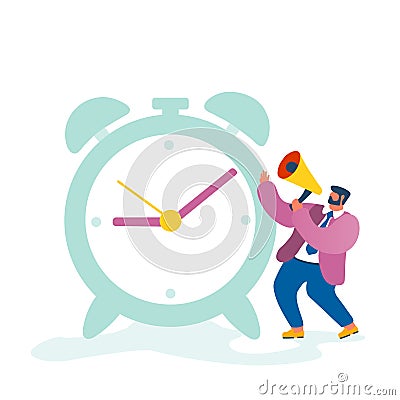 Business Man, Company Boss Character Yelling to Megaphone Standing at Huge Clock Managing Working Process Vector Illustration