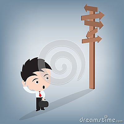 Business man confusing and looking at wood sign, illustration vector in flat design Vector Illustration