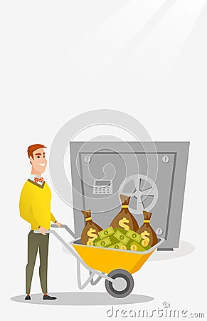 Business man depositing money in bank in safe. Vector Illustration