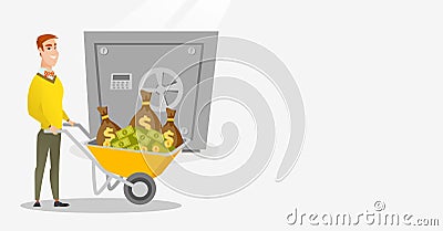 Business man depositing money in bank in safe. Vector Illustration