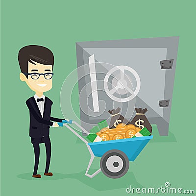 Business man depositing money in bank in safe. Vector Illustration