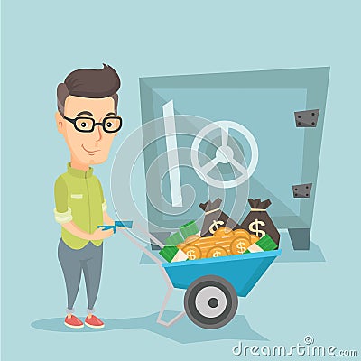 Business man depositing money in bank in safe. Vector Illustration