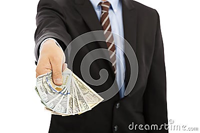 Business man displaying a spread of us dollar cash Stock Photo