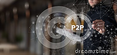 Businessman draw p2p structure on virtual computer screen Stock Photo