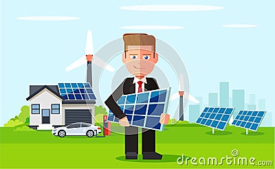 Business man employee of solar power plant and wind farm on background of clean energy powered household. Cartoon Illustration