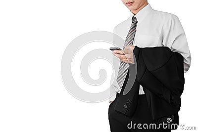 Business man employee in white t-shirt relaxing using smartphone,and holding black suit on his arm, isolated on white background Stock Photo