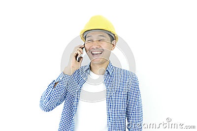 Business man engineer employee with blue scott shirt isolated ha Stock Photo