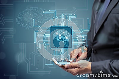 Business man or engineer use ai or artificial intelligent concept,Cloud computing, data mining, machine learning, neural networks Stock Photo