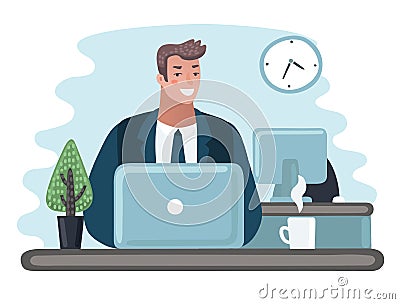Business man entrepreneur in a suit working on a laptop computer at his clean and sleek office desk. Vector Illustration