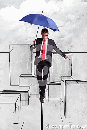 Business man in equilibrium over illustrated city Stock Photo