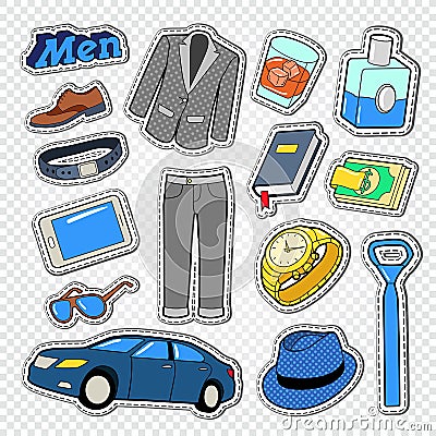 Business Man Fashion Style Doodle. Male Stickers, Badges and Patches with Clothing and Accessories Vector Illustration