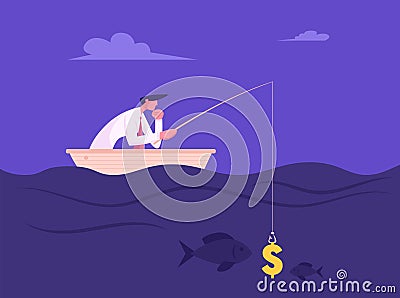 Business Man Fishing with Dollar Sign like Bait. Success Finance Growth Strategy. Manager or Office Employee Earning Vector Illustration