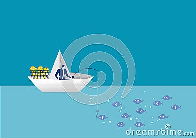 Business man fishing on a paper boat.finding leadership solutions corporate of success Vector Illustration