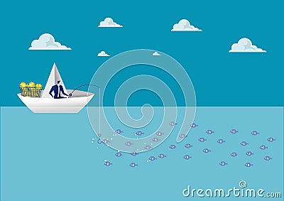 Business man fishing on a paper boat on ocean background illustrator Vector Illustration