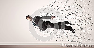 Business man flying with hand drawn lines comming out Stock Photo