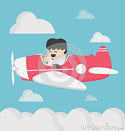 Business man flying a plane retro Vector Illustration