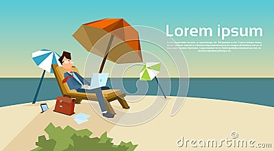 Business Man Freelance Remote Working Place On Sunbed Businessman Vector Illustration