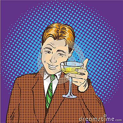Business man with glass of champagne celebrates closed deal. Cheers and party concept vector illustration in retro pop Vector Illustration