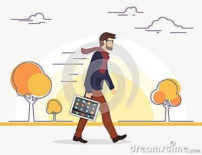 Business man going to his work with tablet pc instead of bag Vector Illustration