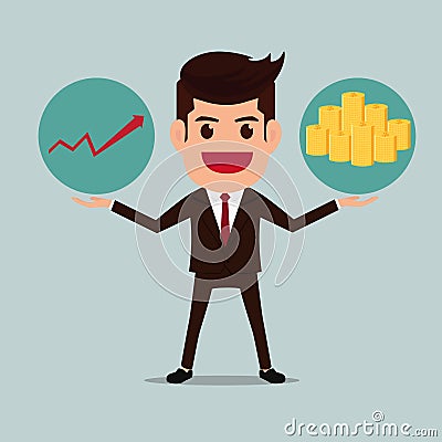 Business man with graph and money stacks. Vector Illustration