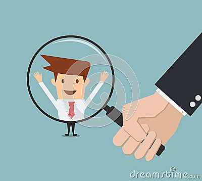 Business man hand holding magnifying glass for search a man Vector Illustration