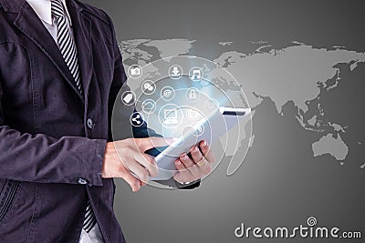 Business man Hand touching tablet pc, social media concept Stock Photo