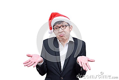 Business man has unknowing with Christmas festival themes isolated on white background. Stock Photo