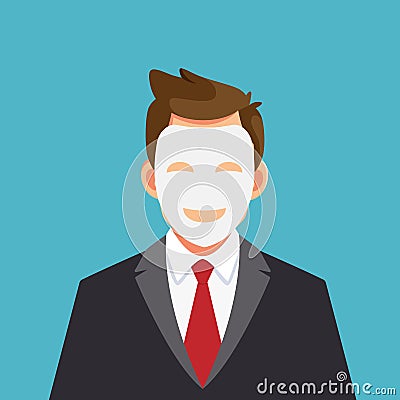 Business man hides his identity under a smiling mask. Vector Illustration