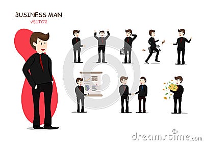 Business man and his works, presentation, vector characters working, cartoon collection Vector Illustration