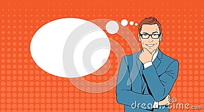 Business Man Hold Chin Businessman Think, Ponder New Idea Chat Bubble Pop Art Retro Style Vector Illustration