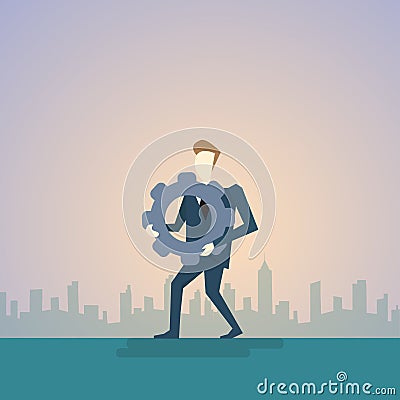 Business Man Hold Cog Wheel Ponder Think Strategy Concept Vector Illustration