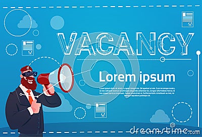 Business Man Hold Megaphone Vacancy Search Employee Position Human Resources Recruitment Vector Illustration