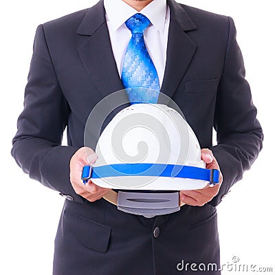 Business man holding engineer helmet isoleted Stock Photo