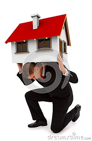 Business man holding house on his back Stock Photo