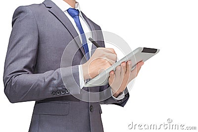 Business man holding tablet, smart phone with mouse pen, isolate background of business man for conceptual Stock Photo