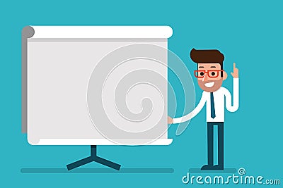 Business Man holding whiteboard - presentation. Vector Illustration