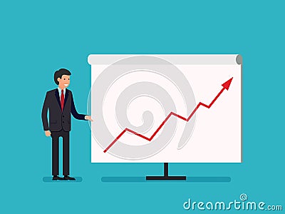 Business Man holding whiteboard - presentation flat style cartoon. Vector Illustration