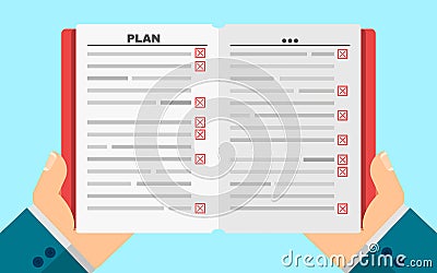 Business man holds a filled diary in hands. Business plan. Red negative execution marks. Tasks in writing. Vector illustration in Cartoon Illustration