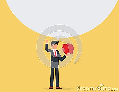 Business man holds piggy bank in his hand and imagination. Vector Illustration