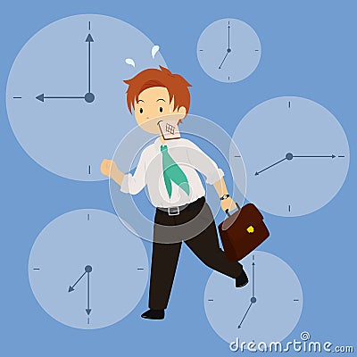 Business Man In Hurry and Running For Work Vector Illustration with a Toast in His Mouth. Vector Illustration