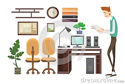 Business Man Interior Workplace, Businessman Manager Office Worker Vector Illustration