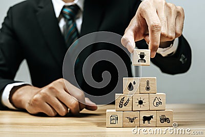 business man investor hand arranging wood block with agricultural icon on desk Stock Photo