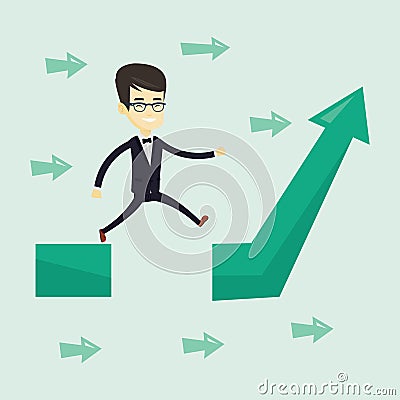 Business man jumping over gap on arrow going up. Vector Illustration