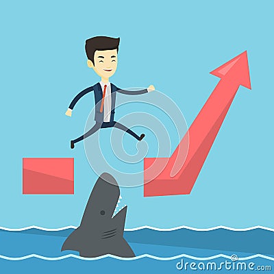 Business man jumping over ocean with shark. Vector Illustration