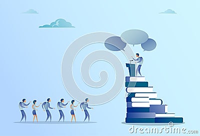 Business Man Leading Tribune Speech In Front Of Businesspeople Group Conference Meeting Seminar Vector Illustration