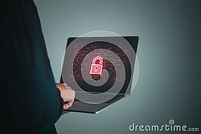 Business man is logging into system and security icon on screen Stock Photo